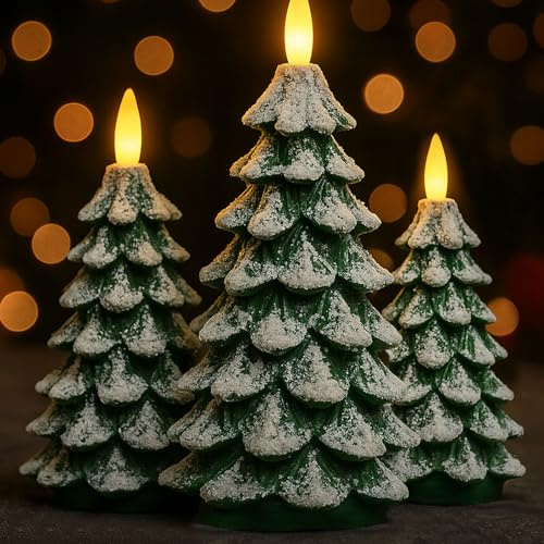 CHUANGLI 3 Pcs Christmas Tree Candles with Remote, Real Wax Flameless Xmas Tree Shaped Candle, LED Candles with 3D Flickering Flame, Christmas Tabletop Decor
