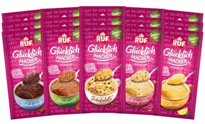 RUF Glücklichmacher Tassenkuchen Set (15 Stück), saftiger Tassenkuchen in 5 verschiedenen Sorten, Schokoletto, Schokolade, Zitrone, Birthday Cake, Haselnuss, Kuchenmischung für Mikrowelle