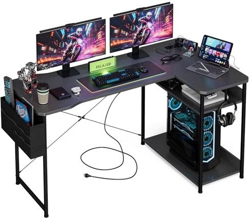 Acrolix L Shaped Gaming Desk 55 Inch - Computer Corner Desk with Power Outlets, Reversible Shelves & Storage Bag for Home Office, PC Gaming Table, Black Carbon