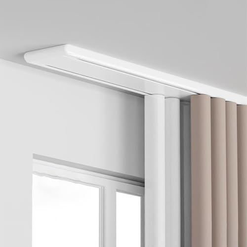 Soporte de techo de doble riel de cortina blanco – Kit de rieles silenciosos resistentes con rieles ocultos para uso en sala de estar o baño