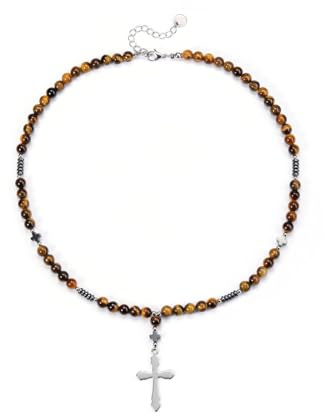 Jovivi Katholische Rosenkranz Kette Tigerauge Halskette mit Silber Edelstahl Kreuz Anhänger Herren Perlenkette Gebetskette Edelstein Schmuck Damen Herren