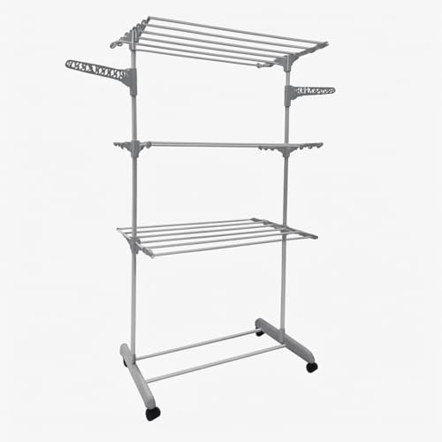 BERARDI Stendibiancheria Verticale Pieghevole, 3 Ripiani, Bianco, con 4 Ruote, 142x55x172cm, Capacità 30kg