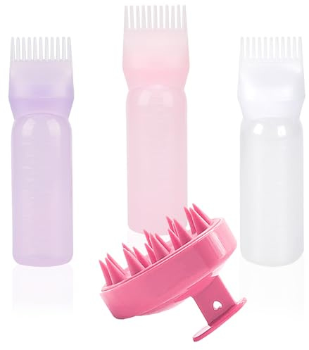Caimoree 4 Stücke Haaröl Applikator mit Kopfhaut Massagebürste, 180ml Hair Oil Applicator mit Abgestufter Skala, 3 Farben Scalp Applikator Flasche für Hair Oiling Haar Colorationen
