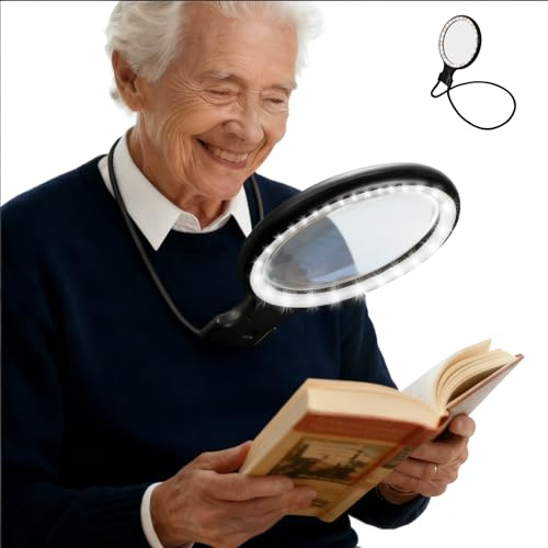 5X 10X Hands-Free Magnifying Glass with LED Light, 3-in-1 Flexible Gooseneck Magnifier, Handheld/Neck-Hanging/Desktop Use, Ideal for Reading, Sewing & Crafts, Three-Color Light, Elderly Eye Care