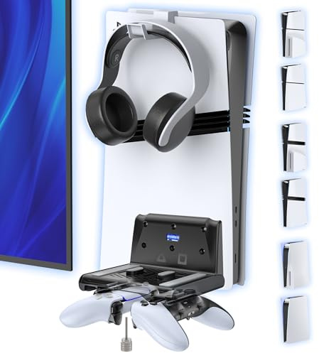 Gersker Support Mural PS5 pour Console PlayStation 5 Original/Slim/Pro, Support PS 5 Vertical et Accessoires avec Support Casque, Rangement Espacé-Économique et Organisation Salle de Jeu (Noir)