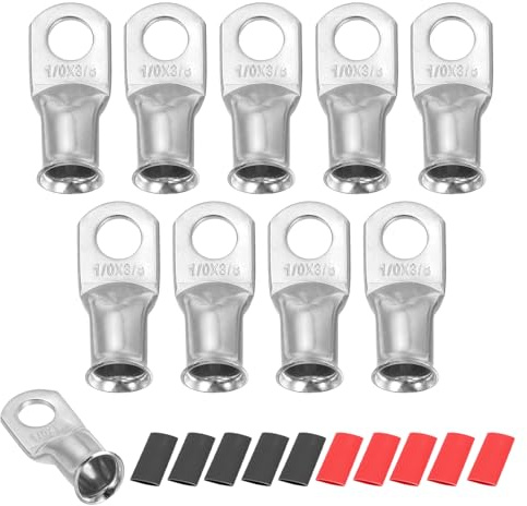 sourcing map 10pcs 1/0 AWG M10 capicorda batteria ad anello terminali, 3/8 10mm Stud Crimp Wire Terminal Connector End rame, 2:1 tubi termorestringenti, argento