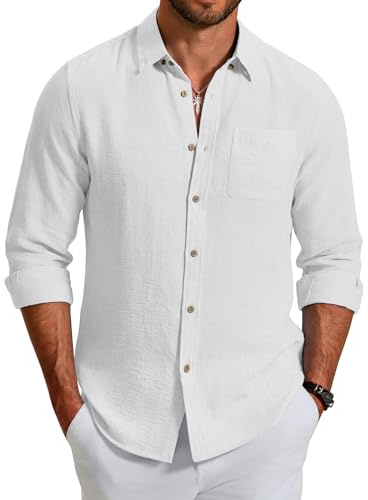 COOFANDY Men's Long Sleeve Button Down Shirt Casual Summer Beach Wedding Textured Linen Shirts for Men,White