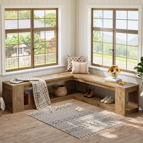 Tribesigns L Shaped Corner Bench with Storage, Farmhouse Breakfast Nook Wooden Backless Bench for Entryway, Dining Room, Living Room, Cloakroom, Brown, No Cushion