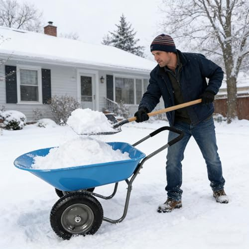 Dual Wheel Home Utility Yard Wheelbarrow, Steel Tray Wheel Barrow Two Wheeled Trolley, 15 inch Pneumatic Wheel, 300 lbs Capacity Utility Cart for Lawn, Farm, and Construction (Blue)