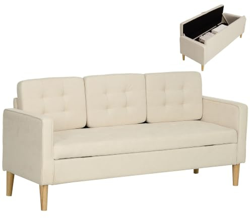 HOMCOM Canapé 3 Places en Flanelle Neige 166,5 cm Rangement Caché Crème | Canapé Moderne, Dossier Capitonné, Assise Et Accoudoirs Rembourrées, Pieds En Bois D'hévéa, Salon, Chambre, Petit Espace