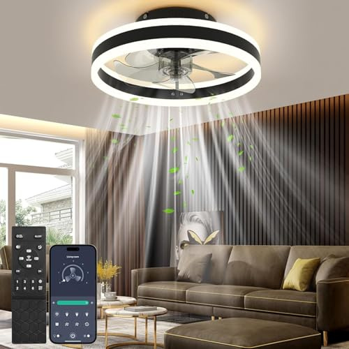AHAWILL LED Deckenventilator mit Beleuchtung 50 cm Schwarz, Moderne Deckenleuchte mit Ventilator, Dimmbar 3000–6500K, 6 Stufen, Fernbedienung & App, Reversibel, Timer, Flach für Schlafzimmer