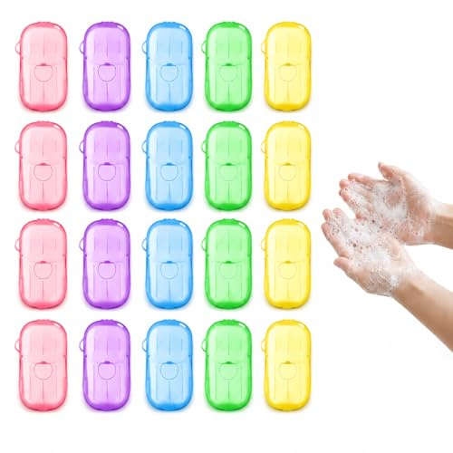 20PCS Feuilles de Savon de Voyage avec Étui, Savon en Papier Portable, Savon Dissolvant à l’Eau, Mini Savon pour les Mains, Idéal pour Camping, Randonnée et Hygiène Quotidienne