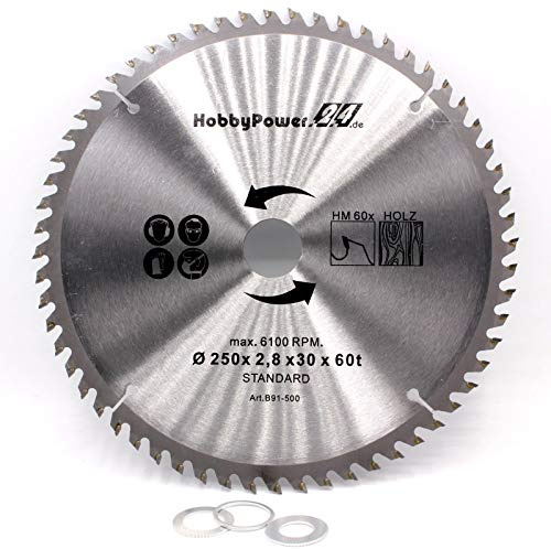 Kreissägeblatt Sägeblatt Hartmetall für Holz Tischkreissäge Kappsäge Gehrungssäge 250 x 30 mm 60 Z Zähne + 3 Reduzierringe auf 24,4mm, 20mm und 16mm