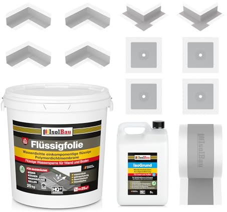 Isolbau Dicht-Set - Inkl. 1x Flüssigfolie (25 kg), 1x Grundierlösung (5 L), 1x Dichtband (25 m), 4x Innenecken, 2x Außenecken & 4x Manschetten