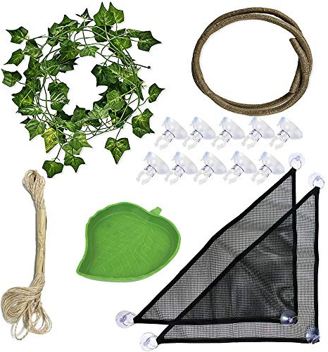 Allazone 15 PCS Vignes Artificielles de Reptiles, Naturel Hamac Reptile Dragon Barbu Hamac Plat Bol de Nourriture Eau pour Reptile, Décor de L'habitat Reptiles pour Lézard Escalade, Caméléon, Serpent