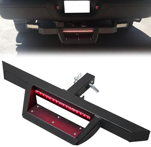 ECOTRIC Universal Drop Hitch Step w/LED Brake Light for 2 Receiver Pickup Truck SUV Trailer Towing Hitch Step Bar Rear Bumper Guard with Pin Heavy Duty Steel Powder Coated Black