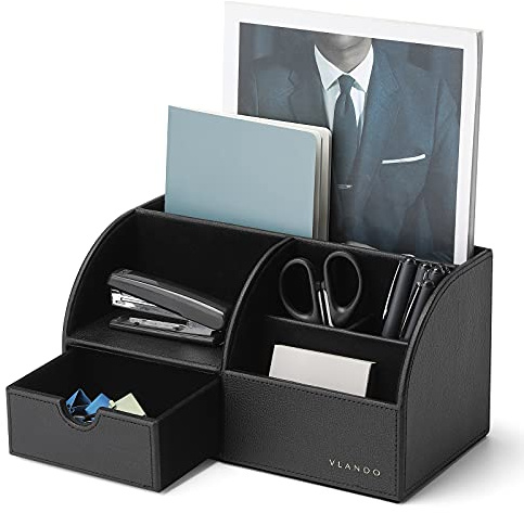 Vlando Schreibtisch-Organizer mit Schublade, Leder, Büro, Schreibwaren, Schreibtisch-Organizer, multifunktionaler Schreibtisch-Stift-Organizer, Fernbedienungshalter Schwarz