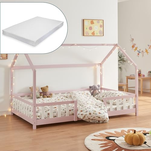 [en.casa] Kinderbett Sisimiut mit Matratze 90 x 200 cm Hausbett Montessori mit Rausfallschutz Holzbett für Kinder Bodenbett Lattenrost Kiefernholz Rosa/Weiß