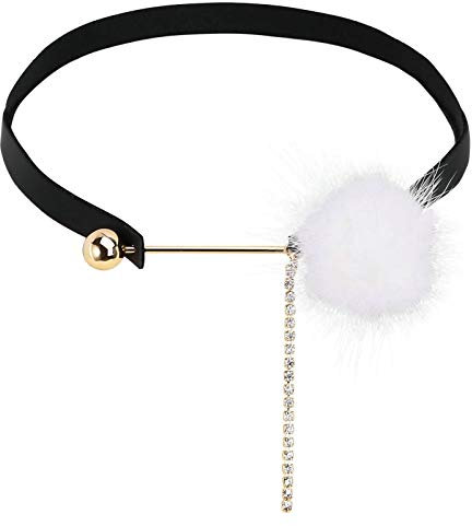 Gualiy Kragen Halskette Einstellbar Leder Halsband Plüsch-Kugel Maskenspiel Kropfband Klassische Damenkette Schwarz Weiß mit Zirkonia, 34CM
