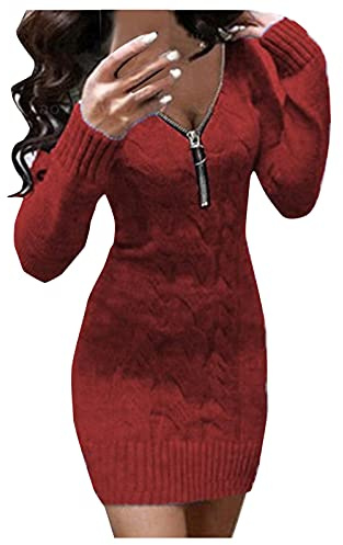 Robe en tricot pour femme - Sexy - Couleur unie - Col en V - Fermeture éclair - Pull en tricot - Robe de fête élégante - Mini robe moulante - Robe d'hiver pour femme - Manches longues - Chaud - En