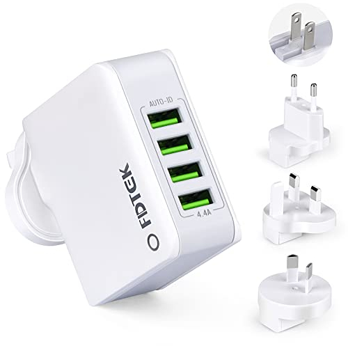 FDTEK Adattatore Universale da Viaggio Con 4 USB - Presa Internazionale 22W 4.4A per UK/USA/CA/Europea/Cina/Australia - Caricatore USB Multiplo per iPhone/Android/Samsung/Tablet
