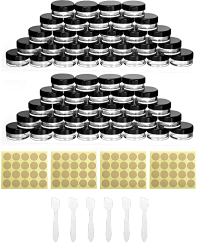 QWORK® 60 Pezzi Contenitori per Campioni Vuoti, Piccoli Contenitori con Coperchi, con Adesivo e Cucchiaio per Trucchi, Gioielli, Gel, Ecc