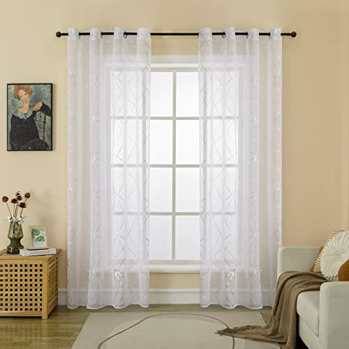 GIRASOLE HOME® Coppia Tende Voile Filtranti Fantasia Geometrica Argentata Tenda Bianca per Interni con Occhielli 2 Pannelli (Geometria Argento, 140x290cm)