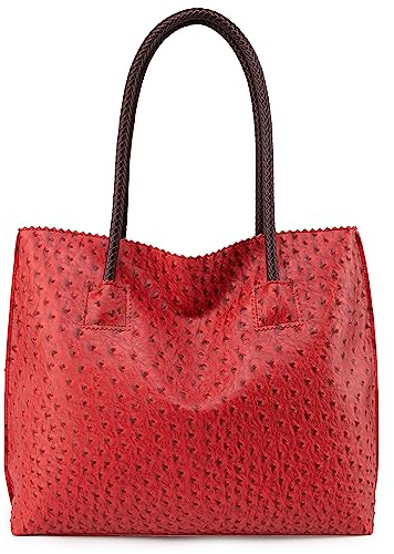 Milan Chiva Damen-Shopper mit Reißverschluss, große Schultertasche und Handtasche aus veganem Straußenleder