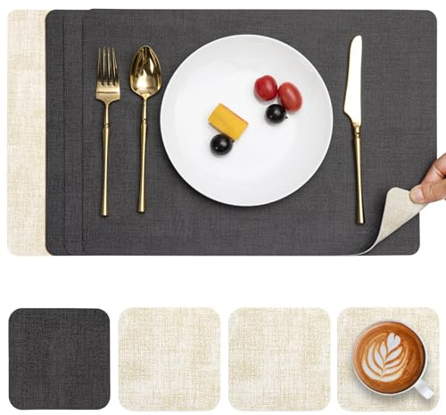 Myir JUN Tischsets abwaschbar Leder und Untersetzer doppelseitige Platzsets | Platzdeckchen abwaschbar 4er Set rutschfest Tischsets Platzsets abwaschbar Kunstleder (Grau Cremeweiß, 4er Set)