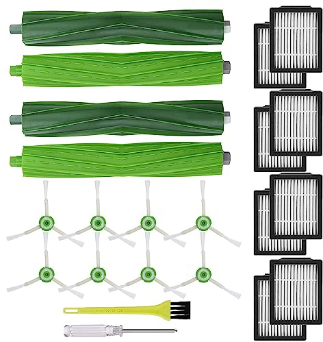 Asdazrxy Zubehör für iRobot Roomba i7 i7+ i3 i3+ i4 i4+ i6 i6+ i8 i8+ E5 E6 E7 Saugroboter, Ersatzteile mit 4 Gummibürsten, 8 HEPA Filter, 8 Seitenbürsten, 1 Schraubenzieher, 1 Reinigungsbürste