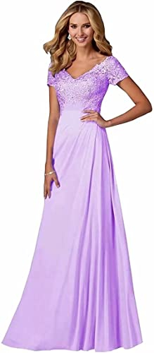 Damen Spitzen Abendkleider Kurzarm Applikationen A Linie Ballkleid V-Ausschnitt Chiffon formell Partykleid
