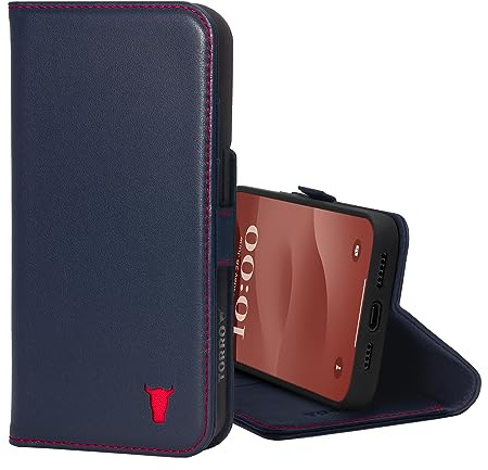 TORRO Leather Case Compatible with iPhone 15 Plus – Premium Leather Wallet Case with Kickstand and Card Slots - Navy Blue