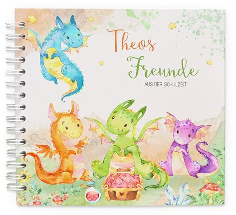 Feenstaub Schulfreundebuch Drachen, Drache Freundebuch personalisiert mit Namen, Freundschaftsbuch Schule, Freundealbum für Schulkinder, Geschenk Einschulung