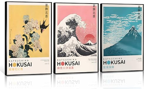 Katsushika Hokusai - Set di 3 stampe artistiche da parete giapponesi su tela, decorazione apanese con dipinti colorati, Kanagawa la Grande Onda, Wabi Sabi, vintage, minimalista, opere d'arte per