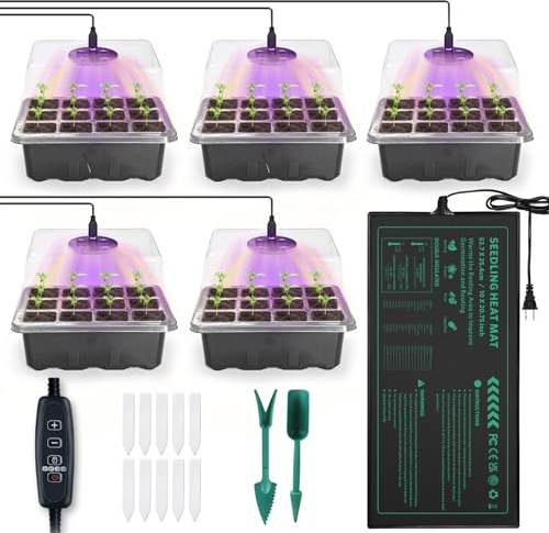 AUPETEK Seed Germination Kit with Heat Mat and Light Humidity Domes, 60 Cell Starter Trays Germination Station Cloning Kit
