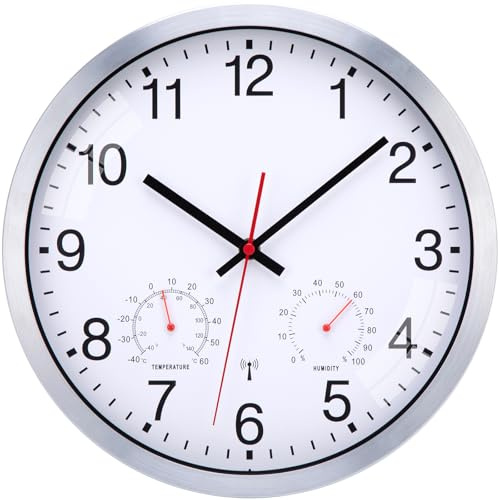 ACCSHINE Funkuhr Wanduhr Ohne Tickgeräusche 30cm Lautlos Batteriebetrieben | Aluminiumrahmen Groß Uhr mit Temperaturanzeige und Luftfeuchtigkeit Quarz für Zimmer Zuhause Küche Badezimmer Büro Schule