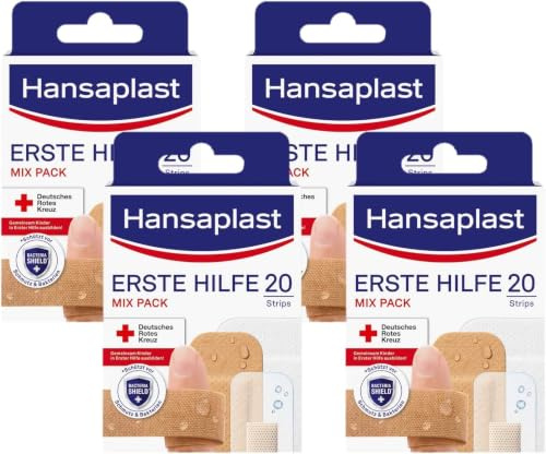Hansaplast Erste Hilfe Pflaster Mix 4er-Set (4 x 20 Strips), Pflaster Set in verschiedenen Größen ideal für unterwegs, Wundpflaster mit Bacteria Shield
