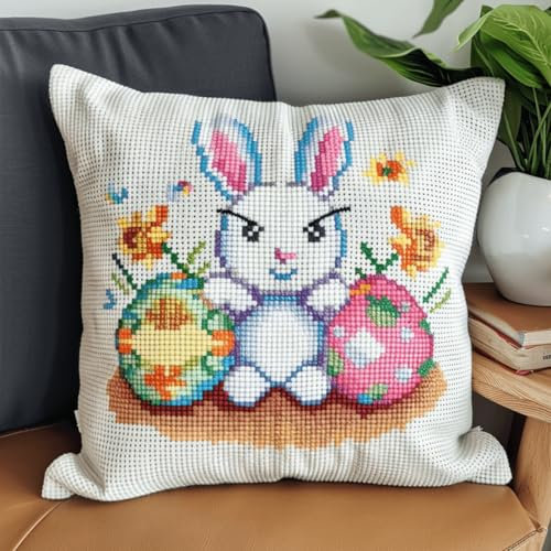 RKFLGEW Knüpfkissen-Set Mit Hasen- Und Ostereiern，Gestempeltes Kissen，Knüpfkissen-Set Mit Cartoon-Tieren，Nähsets Für Kissenbezüge，Diy-Sets Zum Häkeln Und Sticken，Sets Für Kissenbezüge/Kissenb 43x43cm