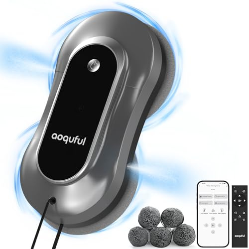 AOQUFUL Intelligent Window Cleaning Robot, Electric Glass Cleaner with Dual Water Spray, Automatic Window Vacuum with Remote Control and App, for Indoor and Outdoor Windows and Glass,12 Cloths, Grey