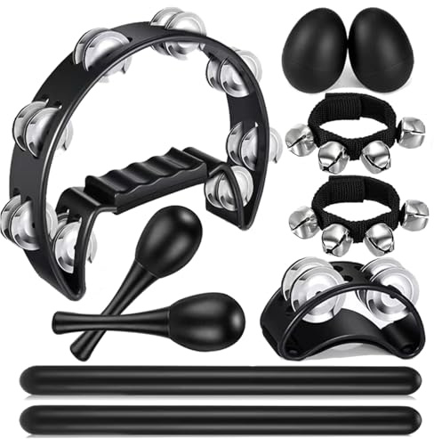 10 Pcs Percussion Tambourine Set for Adults with Exclusive Foot Tambourine - Half Moon Hand Tambourine, Wrist Bells, Egg Shakers, Rhythm Sticks, Maracas for Church, Party, Music Education (Black)