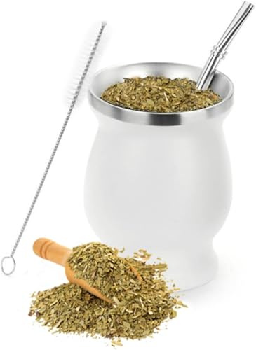 Tazza Mate Ruikcoll, set di tazze da tè Mate, tazza Yerba Mate in acciaio inossidabile con cannuccia in acciaio inossidabile e spazzola per la pulizia, per caffè, Mate, tè alla frutta (bianco)