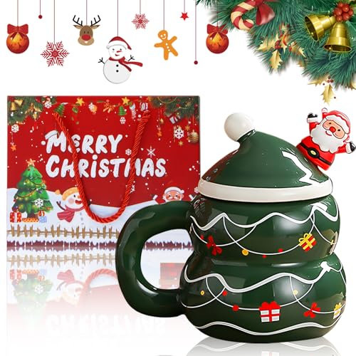 FairyPeach Tazza Natalizia Mug, Tazza Natalizia Mug, Tazza di Caffè di Natale da 400ml con Coperchio e Cucchiaio, Tazzine Caffe Ceramica di Babbo Natale, Tazza Natale, Decorazione Regalo Natale (SD)