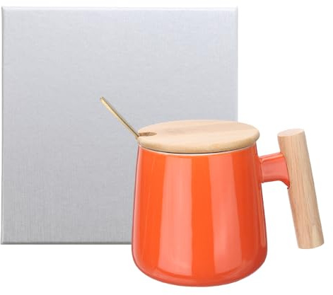 sourcing map Keramik-Kaffeetassen-Set, 364 ml, einfacher Holzgriff, große Teetasse, handgefertigte Keramiktassen, Geschenkbox mit Deckel und Löffel, für Büro, Küche, Zuhause, Geschenke für Frauen und