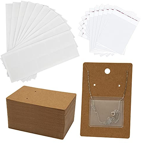 Temlum 100 Pcs Earring Display Cards with Necklace Pouches & Clear Bags, Jewelry Card Holders for Selling Jewelry Packaging Supplies (Brown)