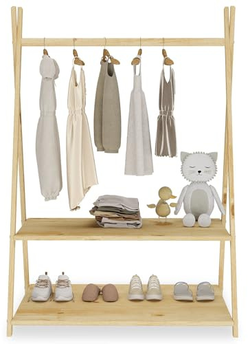 IDIMEX Kindergarderobe Danilo mit 1 Kleiderstange & 2 Ablageböden in Natur - Montessori Möbel für Kinderzimmer, freistehende Garderobe aus Massivholz mit Ablage.