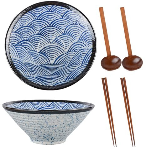 Juego de 2 cuencos de ramen de cerámica japonesa con cuenco grande de fideos de 7 pulgadas de profundidad, 650 ml, incluye cuchara de madera y palillos