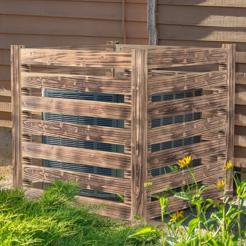 Yokaniwa Bac à composteur en bois pour climatiseur – 4 panneaux – 91,4 x 91,4 x 91,4 cm (L x l x H) – Clôture d'intimité – Enclos pour équipement de piscine, poubelle d'extérieur, marron brûlé
