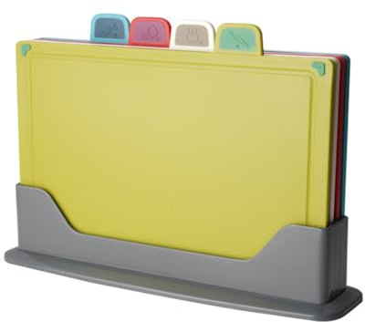PP Plastic Chopping Board Set, 4 Differents Use Coloured Chopping Boards with Tabs for Fruit & Vegetables, Cooked Food, Fish, Non Slip Cutting Boards with Storage Stand for Kitchen Cooking, BPA Free