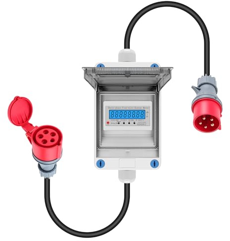 3 Phasen Mobiler Stromzähler, 16A 400V Mobiler Digitaler Stromzähler | Mobiler Digitalzähler 5 * 2,5mm² Mit CEE Stecker und Kupplung, Rückstellfunktion, IP65 Steckdosenadapter Zähler, 2m Kabel