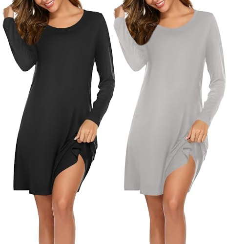 Ekouaer Nattlinne dam vinter långärmad 2 st nattlinne rund hals sexiga nattkläder S-XXL, Svart + grå, XXL